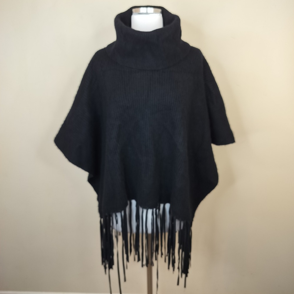 Elie Tahari Cashmere Turtleneck Poncho Sweater S / M Fringe Hem Black